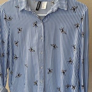 H&M Blue Striped Button-Up Shirt with Bird Embroidery